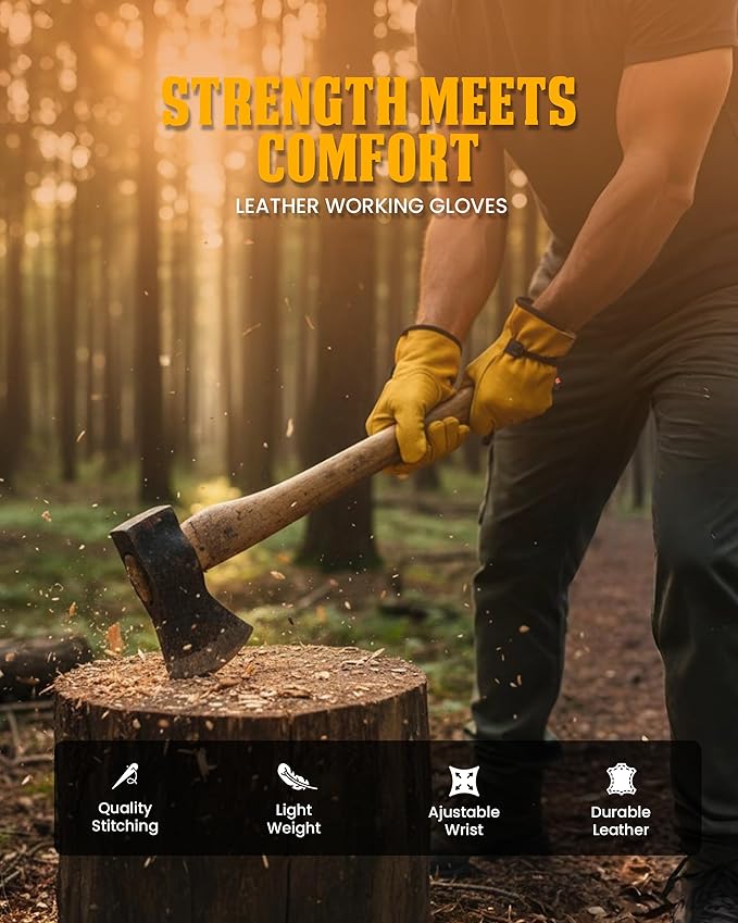 6 Pair Heavy Duty Leather Work Gloves for Men & Women – Adjustable Strap Cowhide Construction & Yard Leather Gloves – Puncture Resistant Safety Gloves for Landscaping & Outdoor Use (L)