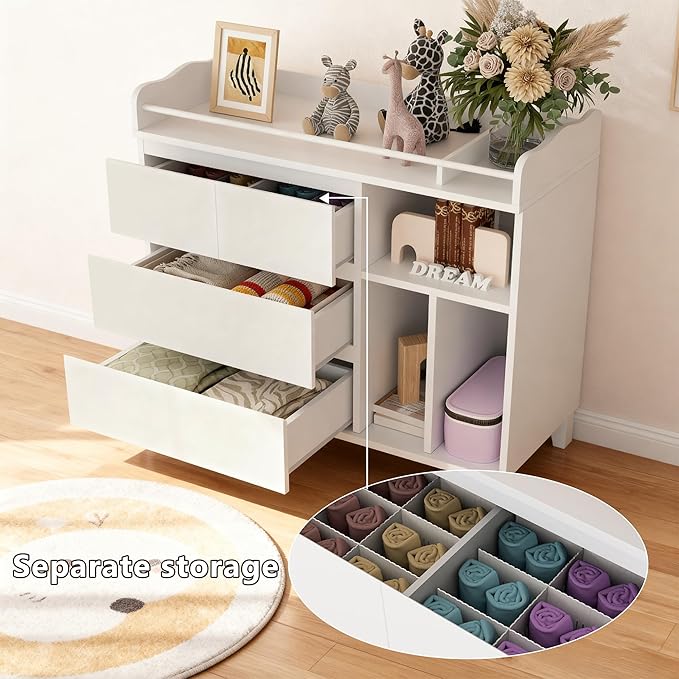Baby Changing Table Top, Multi-Functional Nursery Changing Table, 4 Drawers with 2 Open Shelves, Bedroom, White