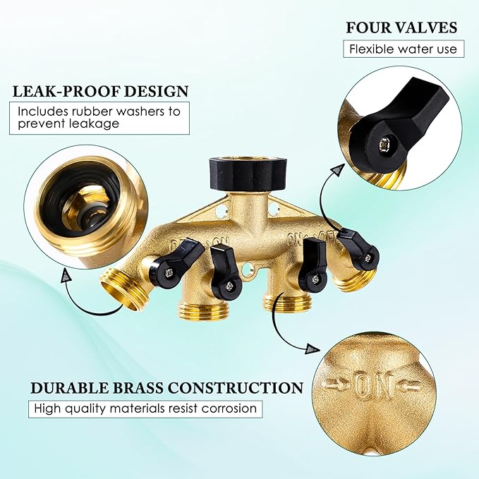 Dalmbox Garden Hose Splitter 4 Way, Water Hose Splitter, 3/4" Heavy-Duty Brass Garden Hose Splitter, Includes 9 Rubber Washers & Teflon Tape(2 pack)