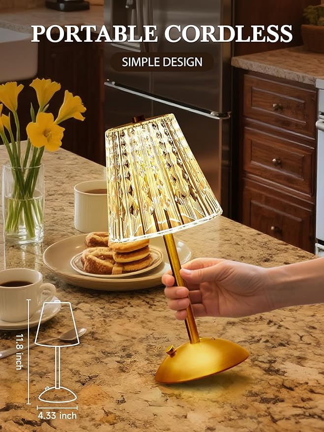 Cordless Lamp, Crystal+Dimmable+3 Colors Rechargeable Lamp, Touch+2000mAh