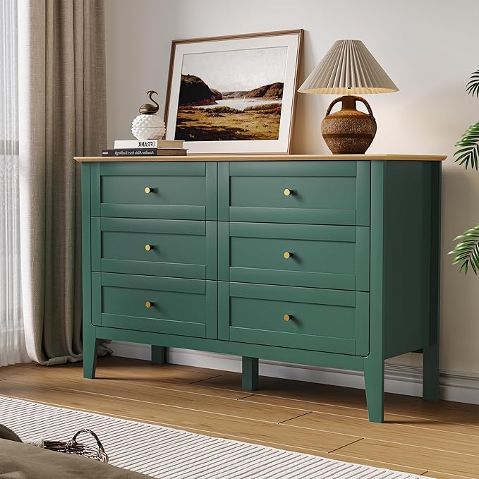 6 Drawers Green Dresser for Bedroom, 47" Wide Wood Modern Chest of Drawers, Shaker Style, Modular Dresser TV Stand for Bedroom, Living Room, Hallway (Green)