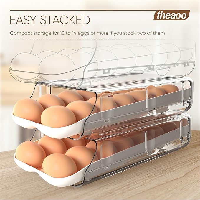 theaoo Egg Holder for Fridge, Automatic Rolling Egg Container for Refrigerator, Clear Plastic Egg Dispenser, Stackable Eggs Organizer with Quick Removable inner Tray For Organizers and Storage, 1 Pack