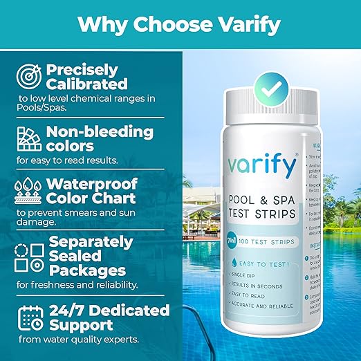 Varify 7 in 1 Pool and Spa Test Strips- Easy to Use Water Testing Kit for Pool, Spa, Hot Tub & More - Tester Strip for Water Hardness, Chlorine, Bromine, pH, Alkalinity and Cyanuric Acid (100 Strips)