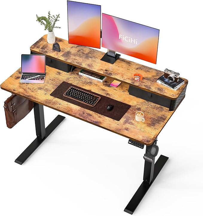 55x24 Inch Standing Desk with Double Drawers,C-Clamp Mount Compatible,Electric Adjustable Height Computer Stand Up Desks, Home Office Sit Stand Table with 3 Preset Heights & Hooks, Rustic Brown