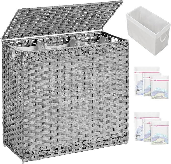 Laundry Hamper with Lid Laundry Basket 132 L (35 Gal) Wicker Clothes Hamper, Handwoven Rattan Hamper with Handles and 4 Removable Liner Bags, 6 Mesh Bags for Laundry Bedroom Gray