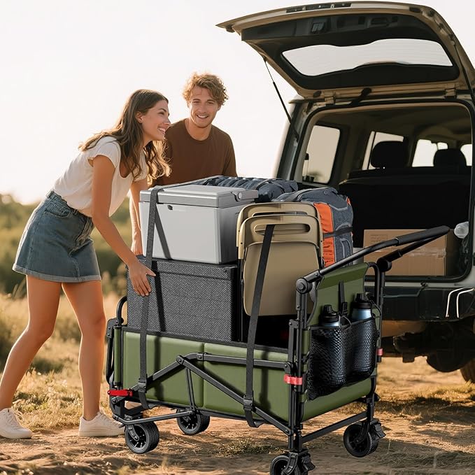 LEVELEVE Heavy Duty Folding Wagon - 2-in-1 Collapsible Cart, 400lb Capacity, All-Terrain Wheels w/Brakes & Side Pockets (Army Green)