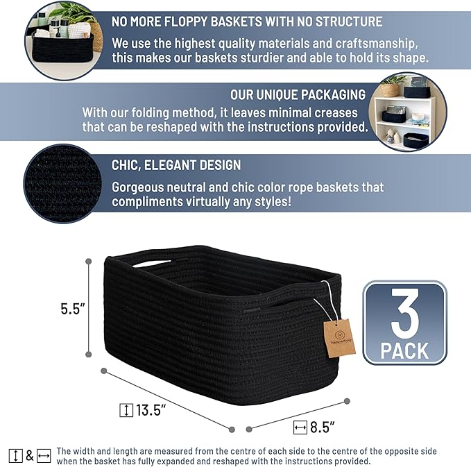 NaturalCozy 13.5”x8.5”x5.5” Rectangle Storage Baskets for Shelves 3 Pack | Cotton Rope Woven Small Baskets for Organizing | Small Storage Bins for Nursery, Bathroom, Closet, Shelf, Decorative