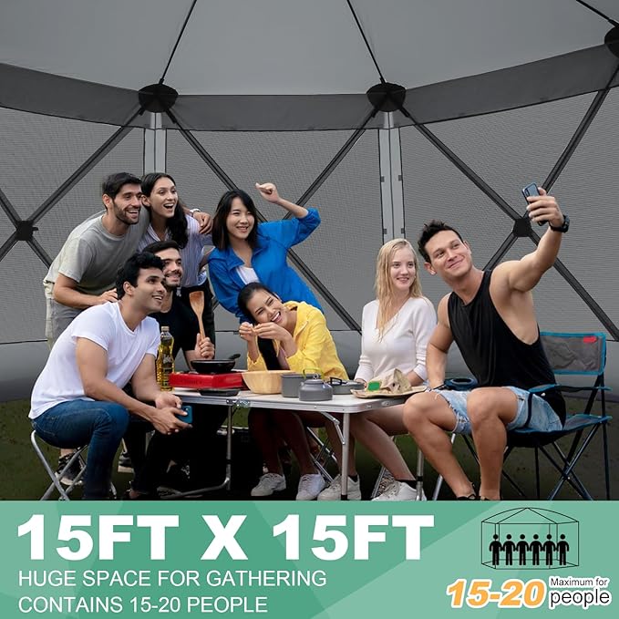 COBIZI 15x15ft Extra Large Pop-Up Gazebo Canopy Tent with Mosquito Netting, Spacious Easy Set-Up Screened Shelter, Durable Outdoor Pavilion with Ground Stakes, Perfect for Patio, Backyard, and Lawn