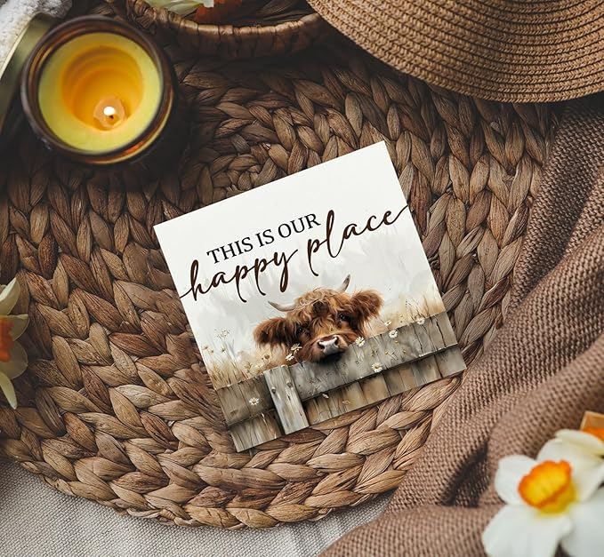 Highland Cow Sign - Farmhouse Western Animal Office Kitchen Bedroom Decor,Rustic Farm This Is Our Happy Place Home Decor Signs,highland Cow Gifts For Women,5x5 Inch