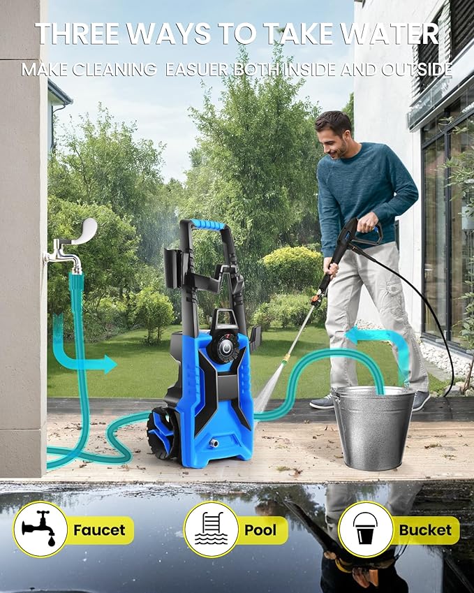 Pressure Cleaner High Power Cleaner with 33ft Pressure Hose, 4 Nozzles and 500ml Foam Cannon for Cars/Fences/Driveways/Patios/Home Cleaning (Light Blue)