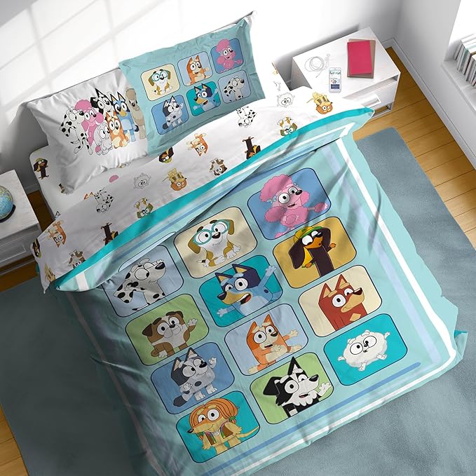 Sunny Side Up Bluey & Friends Full Comforter Set - 7 Piece Kids Bedding Includes Comforter, Sheets & Pillow Cover - Super Soft Microfiber Bed Set