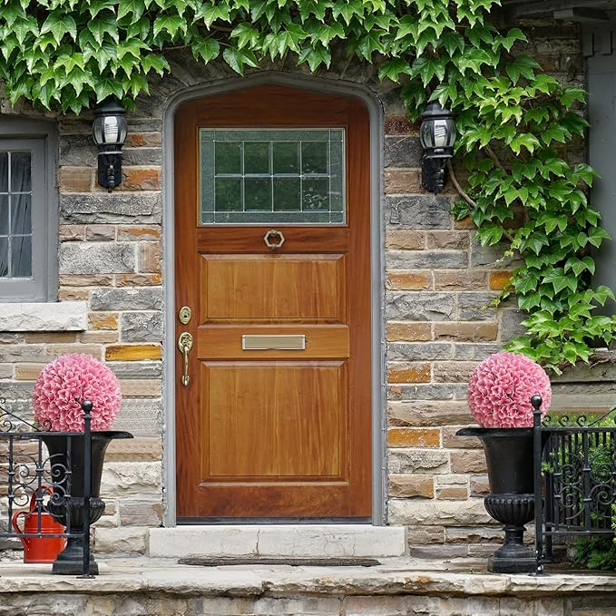 Goplus 11 Inch Topiary Balls Artificial Outdoor Set of 2, Faux Boxwood Ball, Fake Plant Sphere, Round Artificial Plant Balls for Front Door, Porch, Backyard, Balcony, Home Décor (Pink)