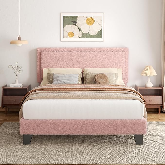 Full Size Boucle Bed Frame, Upholstered Platform Cloud Bed Frame with Headboard, Soft Teddy Fabric, Modern Style, No Box Spring Required, Easy Assembly, Pink