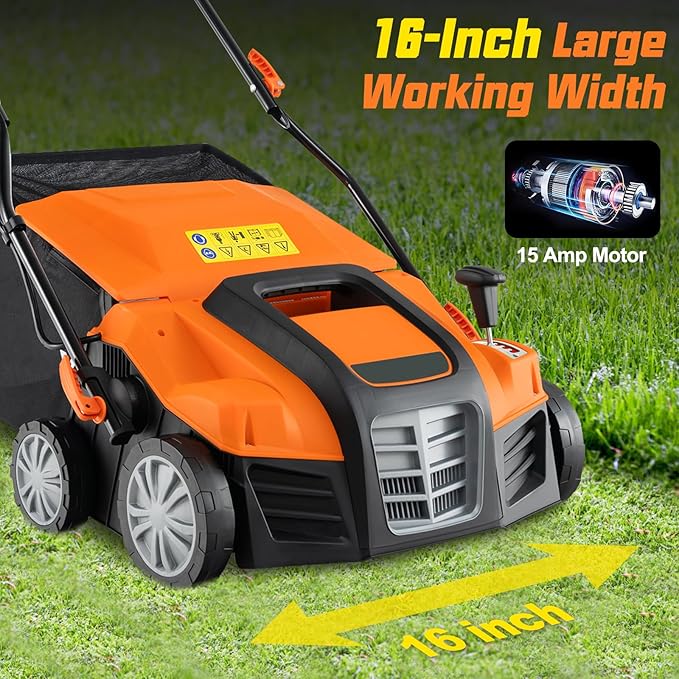 Goplus 2-in-1 Scarifier and Lawn Dethatcher, 16-Inch 15A Corded Electric Dethatcher w/ 14.5-Gal Collection Bag, 3-Position Height Adjustment & 5-Position Depth Adjustment, for Grass Garden Yard