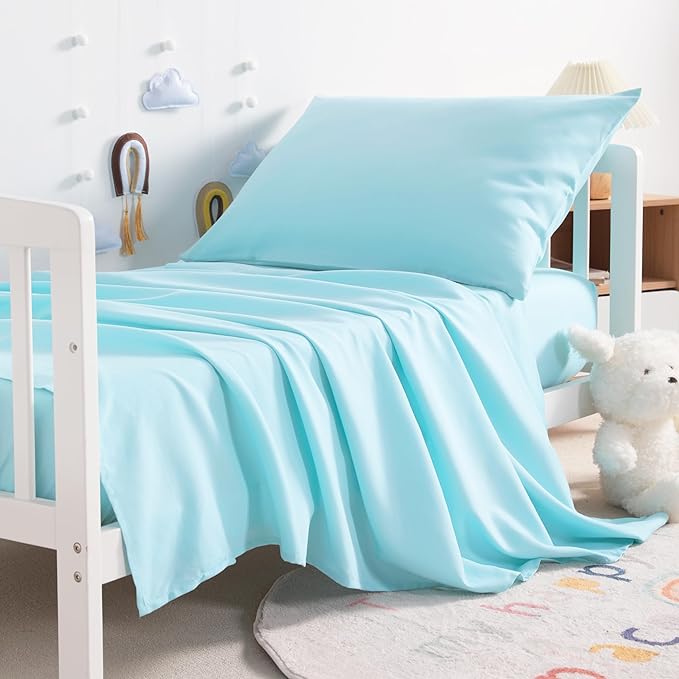 NTBAY Toddler Sheet Set - 3-Piece Microfiber Crib Sheet Set - Flat Sheet, Fitted Sheet, Pillowcase - Solid Toddler Bedding, Light Blue