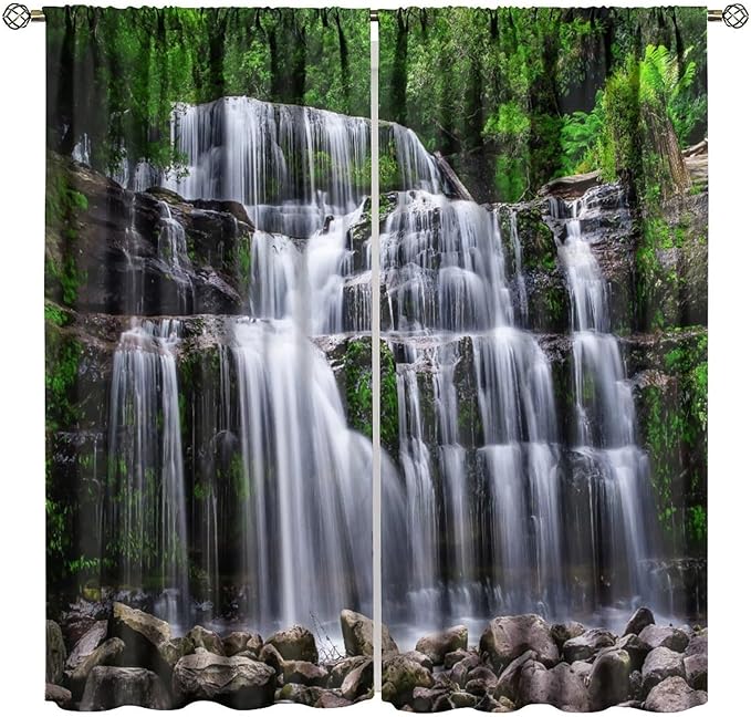 Natural Scenery Blackout Curtains, Spring Rustic Forest Waterfall River Landscape Window Drapes, for Bedroom Living Room 84" W X 84" L
