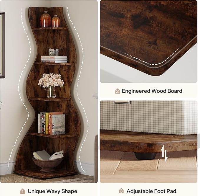 Tribesigns Wavy Corner Shelf, Modern 5-Tier Bookshelf Bookcase with Curvy Shape, Unique Plant Stand Display Rack for Living Room Small Space (Brown)