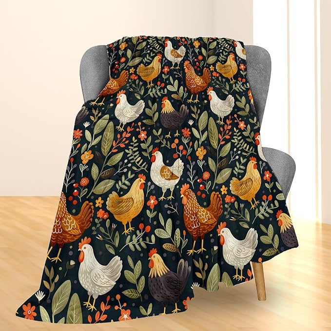 Rustic Chicken and Floral Blanket, Soft Lightweight Flannel Throw Blanket for Couch, Bed, Travel, Living Room & Home Decor, Cozy Warm Fuzzy Blankets for Adults Kids Women Girls 50×40 in