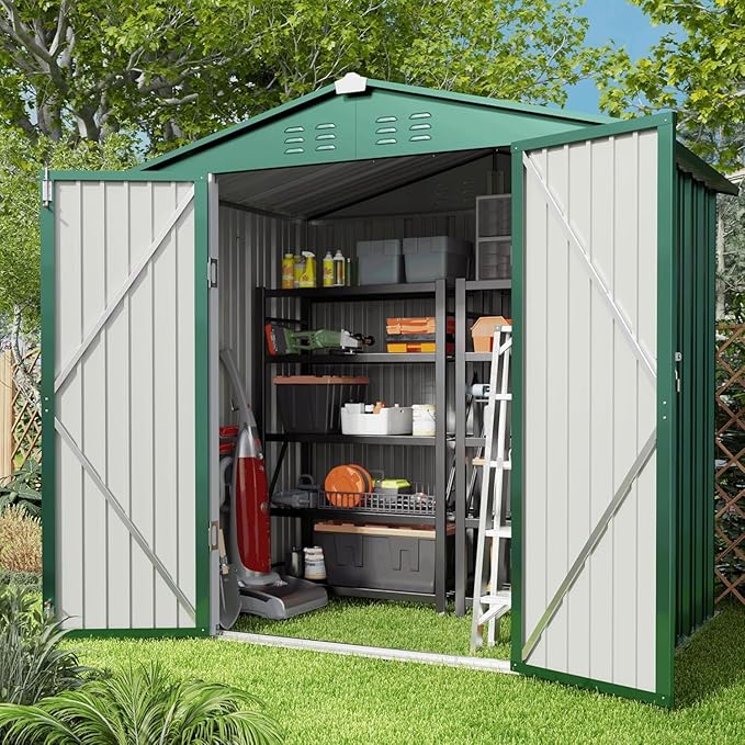 Gizoon Outdoor Storage Shed 6 x 4 FT, Galvanized Metal Garden Shed with Double Lockable Doors, Outdoor Storage Clearance for Backyard Patio Lawn-Green