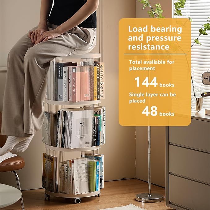 Rotating Bookshelf, 360°Display Spinning Rolling Bookshelf Tower, 3 Tiers Moveable White Small Mobile Corner Bookcase Suitable for Bedrooms, Living Looms, Offices, and Study Rooms