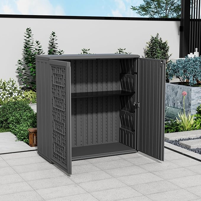 Storage Box Outdoor Caninet,Resin Indoor Storage Box Waterproof Outdoor Storage Cabinets for Patio/Garden/Backyard, Size 34.3''L*15''W*36.2''H(Grey)