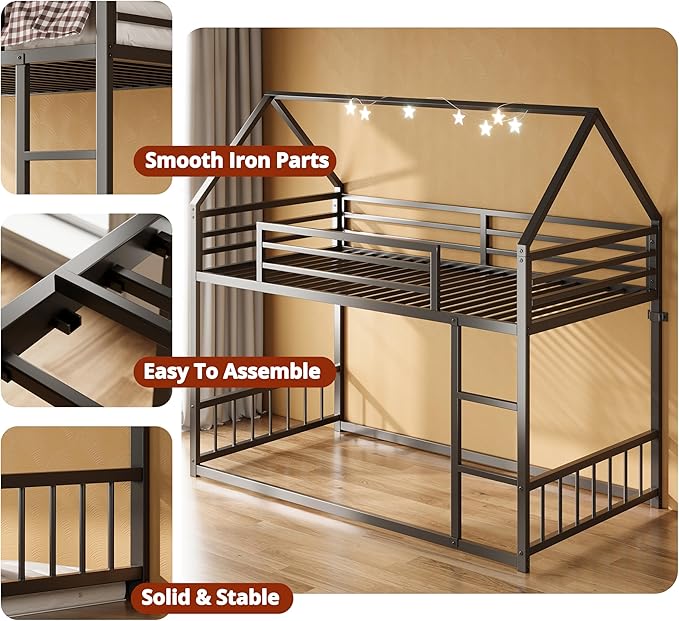 LIKIMIO Bunk Bed Twin Over Twin, House Bunk Bed Frame with Ladder and Guardrail, House Shaped with Metal Slats for Dormitory and Bedroom, Space Saving, No Box Spring Needed, Black