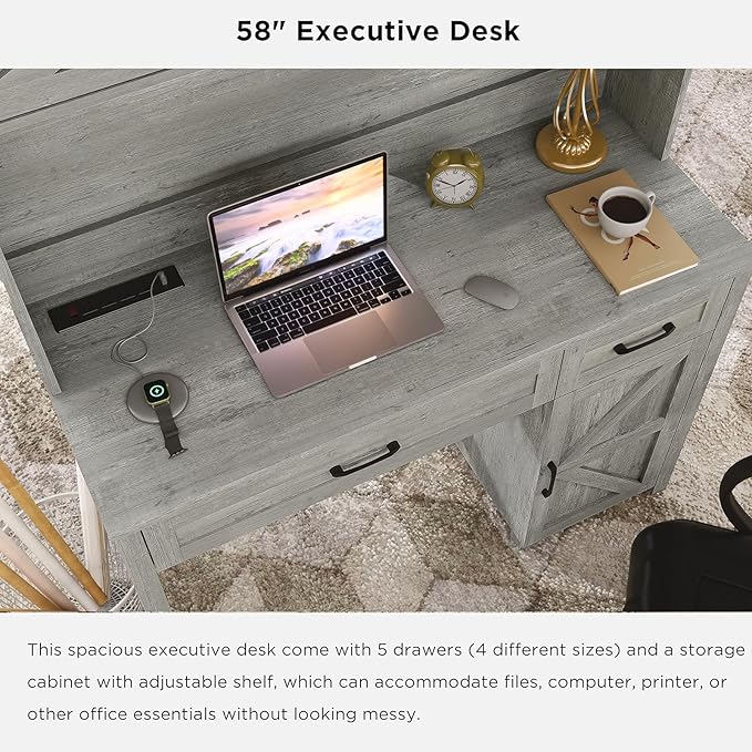 Farmhouse 47" Executive Desk, Computer Desk with 2 Drawers and Storage Cabinet, Home Office Desk with Hutch, Charging Hub, Workspace for Work and Study, Gray