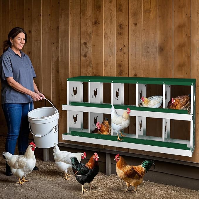 10-Compartment Metal Chicken Nesting Box - with Perch, Secure Lid & Metal Legs, Wall-Mount or Free-Standing Nesting Boxes for Hens