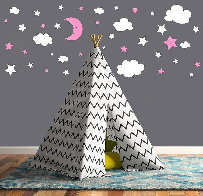 Crescent Moon Stars and Clouds Wall Decals Moon and Stars Nursery Wall Stickers Starry Sky Playroom Decor Kids Rooms Mural Kids Room Wall Art Y59 (White,Pink)