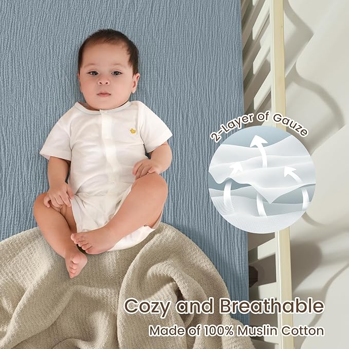 david's kids Muslin Mini Crib Sheets, 2 Pack Cotton Pack N Play Sheets for Boys Girls Neutral, Soft Breathable Baby Sheets Fit Pack N Play, Playard and Mini Crib Mattresses, Sage Green & Dusty Blue