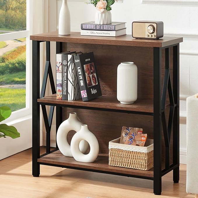 HOMISSUE Bookshelf, 3-Tier Rustic Small Bookshelf, Industrial Shelf Bookcase with Engineered Wood Shelves, Low Bookcase with Storage, Small Shelf for Living Room, Bedroom and Office, Rustic Brown
