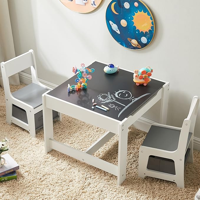 Kids Table and Chair Set, 3 in 1 Wooden Activity Table with Storage Drawer for Toddlers Drawing, Reading, Crafts, 2 in 1 Detachable Tabletop Table Set for Nursery, Playroom (Gray)