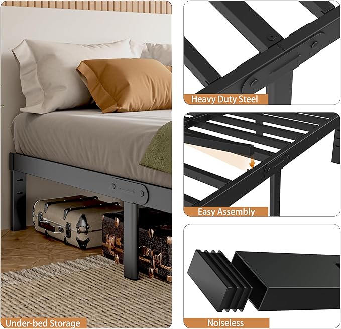 Twin Size Bed Frames 14 Inch, Metal Twin Bed Frame No Box Spring Needed, DIY Headboard Holes, Heavy Duty Steel Support 3500 LBS, Noiseless, Round Corner Leg, Storage Space, Easy Assembly, Black