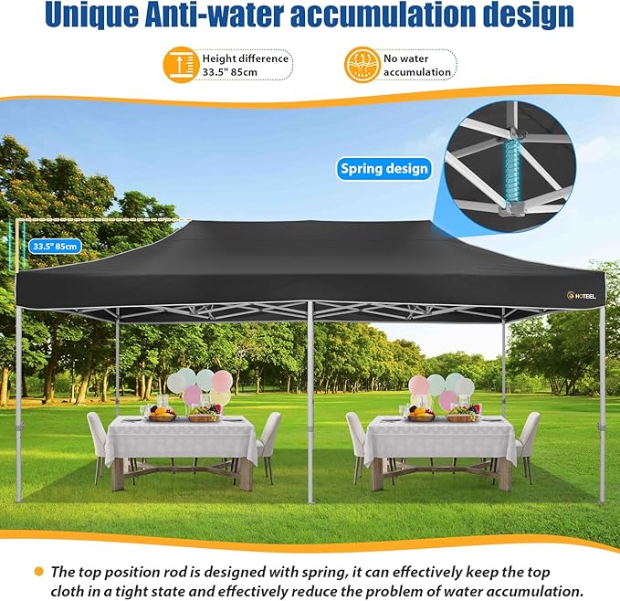 HOTEEL 10x20 Pop up Canopy Tent for Parties, Heavy Duty Easy Setup Tent Without Sidewalls, Outdoor Commercial Instant Gazebo for Wedding Event, with Roller Bag & Sand Bags, Black(Hexagonal Frame)