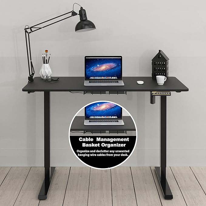 SHW 48-Inch Electric Height Adjustable Sit to Stand Desk with Hanging Hooks and Cable Management, Black Frame and Black Top