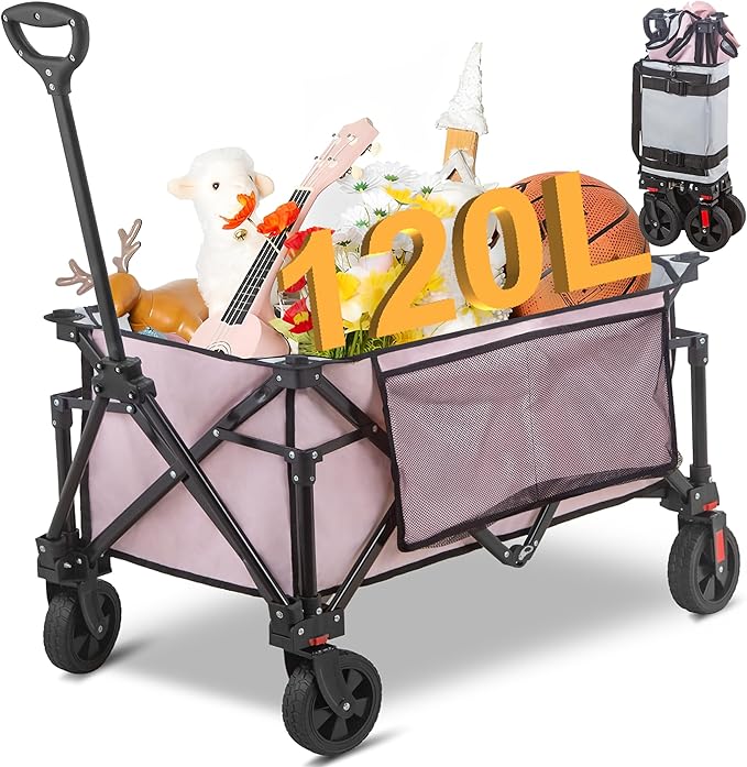 Collapsible Folding Wagon Cart, 220LBS Heavy Duty Foldable Utility Garden Cart with All Terrain Wheels & Side Storage Bag, Portable Sports Wagon for Camping, Shopping, Garden. (Pink)