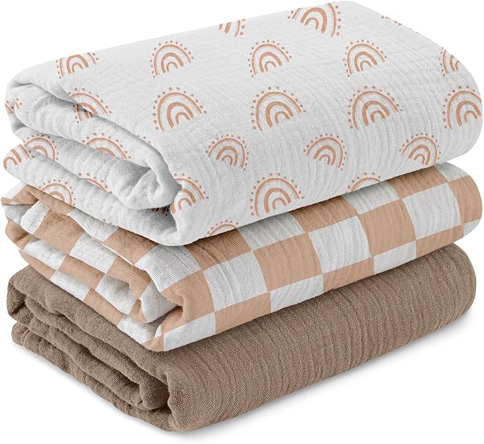 Muslin Swaddle Blankets for Newborn, 3 Pack Breathable Soft Receiving Blanket, Large 38 x 40 inches Swaddle Wrap Burping Clothes Diapers, Essentials Infant Shower Items, Toddler Gift (Rainbow & Grid)