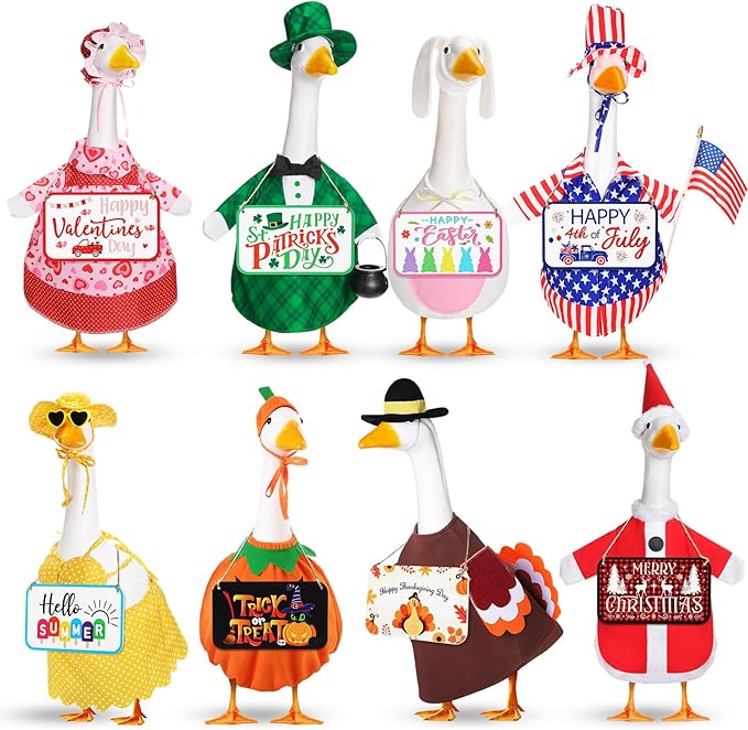 8 Set Seasonal Holiday Goose Outfits Hanging Signs Fall Halloween Christmas Porch Statue Outfits All Seasons Holiday 23" Goose Clothes Patio Lawn Outdoor Decors(Classic Style)