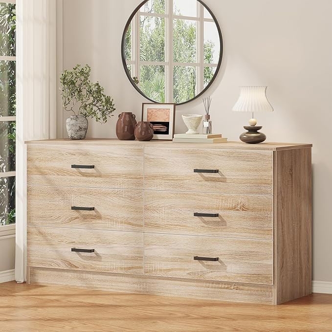 Bigbiglife Dresser for Bedroom, 6 Drawer Double Dresser, Modern Chest of Drawers with Deep Drawers, TV Stand Large Storage Organizer for Living Room, Closet (Light Oak)