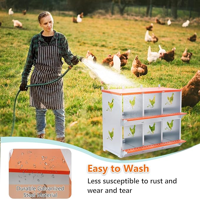 Chicken Nesting Boxes, 6 Rooms Hens Nest Box, Metal Poultry Nest Box Wall Mount for Chickens Egg Laying Box Collection Vented Holes Chicken Coop Cages Equipment, Orange (6 Rooms)