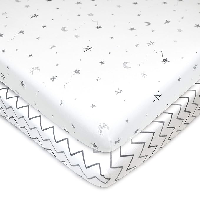 American Baby Company 2 Pack 100% Natural Cotton Fitted Mini Crib Sheets 38" x 24" - Soft & Breathable Small Nesting Portable Sheets, Fits Pack N Play Mattresses, Gray Stars/Zigzag, for Boys & Girls