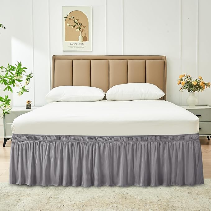 Biscaynebay Wrap Around Bed Skirts for Queen Beds 17" Drop, Silver Grey Elastic Dust Ruffles Easy Fit Wrinkle & Fade Resistant Silky Luxurious Fabric Solid Machine Washable