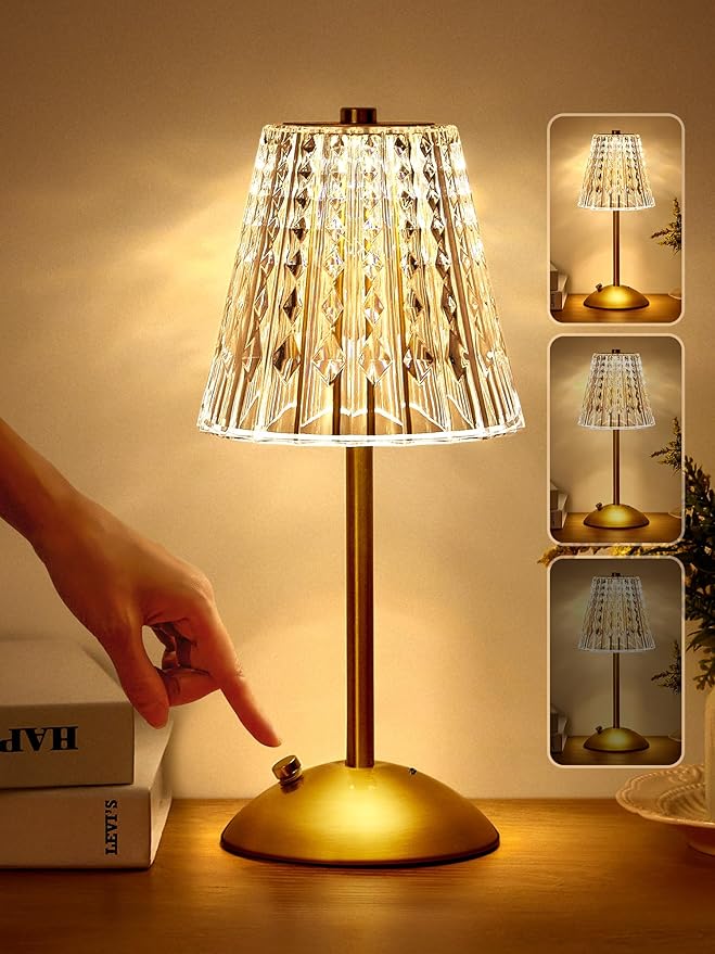 Cordless Lamp, Crystal+Dimmable+3 Colors Rechargeable Lamp, Touch+2000mAh