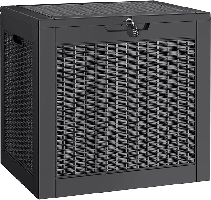 NUNU LAB 30 Gallon Waterproof Outdoor Storage Box, Lockable Resin Deck Box Bench for Patio Cushions, Garden Tools, Pool Accessories & Package Deliveries – Black