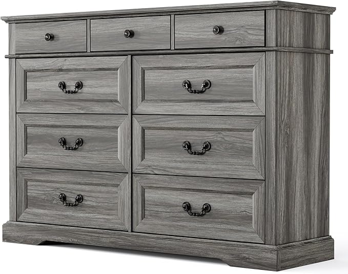 LINSY HOME Updated Dresser for Bedroom with 9 Drawers, Wide Chest of Drawers, Wooden Tall Bedroom Dresser, Storage Organizer for Closet, Living Room, Hallway, Grey