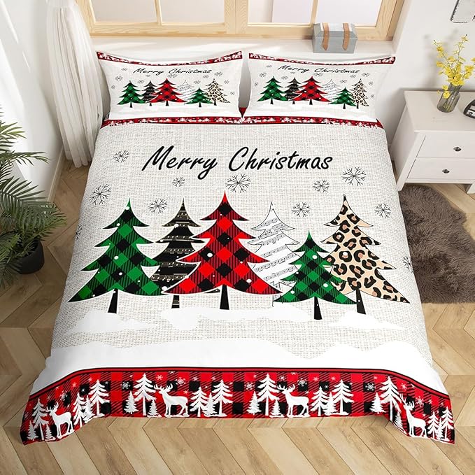 Manfei Xmas Trees Duvet Cover Set King Size, Merry Christmas Bedding Set 3pcs for Kids Boys Girls, Pine Trees Snowflake Deers Comforter Cover Soft Polyester Quilt Cover with 2 Pillowcases,No Comforter