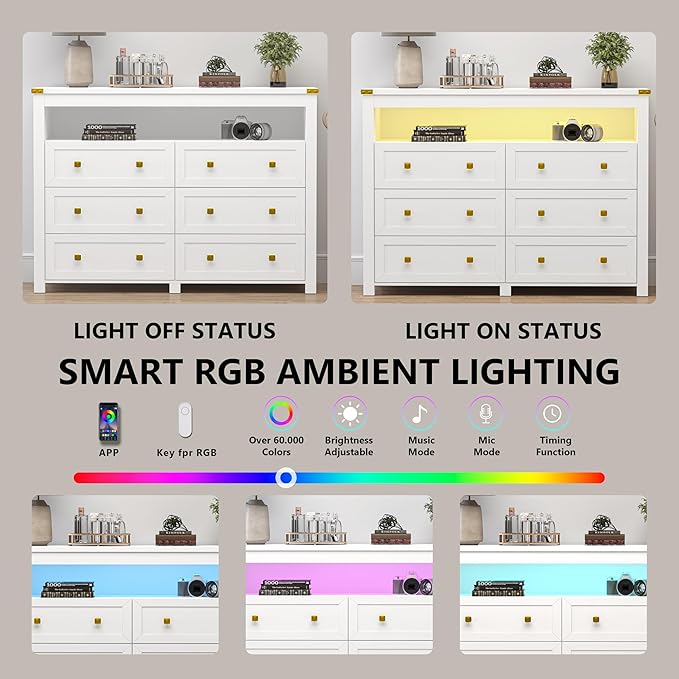 Dresser for Bedroom with 6 Drawers, Wide Chest of Drawers with LED Light and Power Outlet, Wooden Closet Organizer Clothes Storage Cabinet, Modern Double Dressers for Living Room, Hallway, White