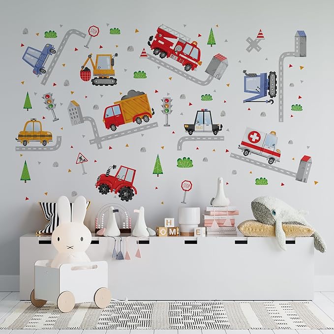 Car Wall Decals by Lipastick - Peel and Stick Transport Road Trucks Stickers for Boys Room, Toddler Bedroom, Baby Nursery, Kids Playroom, Living Room- Removable Decor - L Size