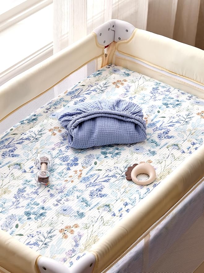 TILLYOU Muslin Mini Crib Sheets 2 Pack, Pack and Play Mattress Sheets Fitted for Pack N Play, 38'' x 26'' Sheet for Toddler, Blue Flower
