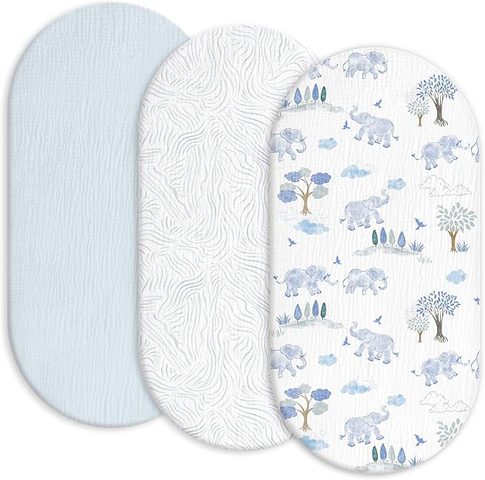 Gllquen Baby Muslin Bassinet Sheets 3 Pack, Breathable Elastic Cozy Fitted Cotton Bassinet Mattress Sheet for Baby Boy Girls, Fit for Hourglass Oval Rectangular Cradle Pad Sheets 33"x17" (Light Blue)